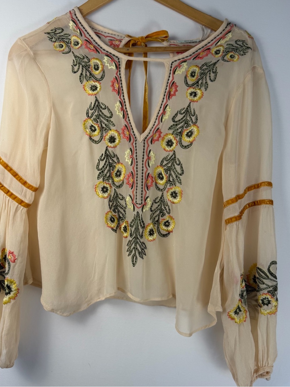 Kimchi Blue Cream Embroidered V-Neck Peasant Tunic with Yellow and Pink Flowers - Picture 7 of 7